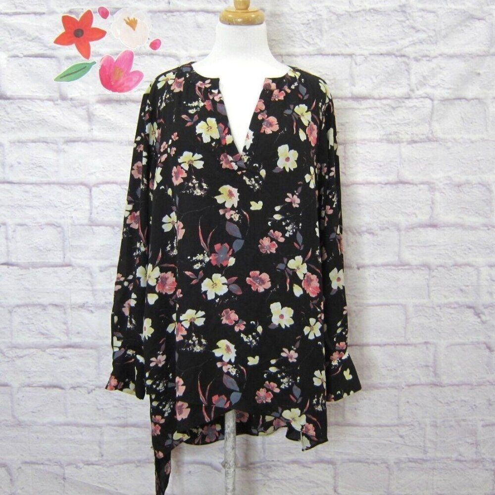 Tahari Asymmetrical Tunic Top Women's Size 1X Black Floral Roll Tab Sleeves